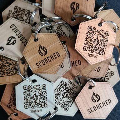 Hexagonal shaped engraved wooden keyrings